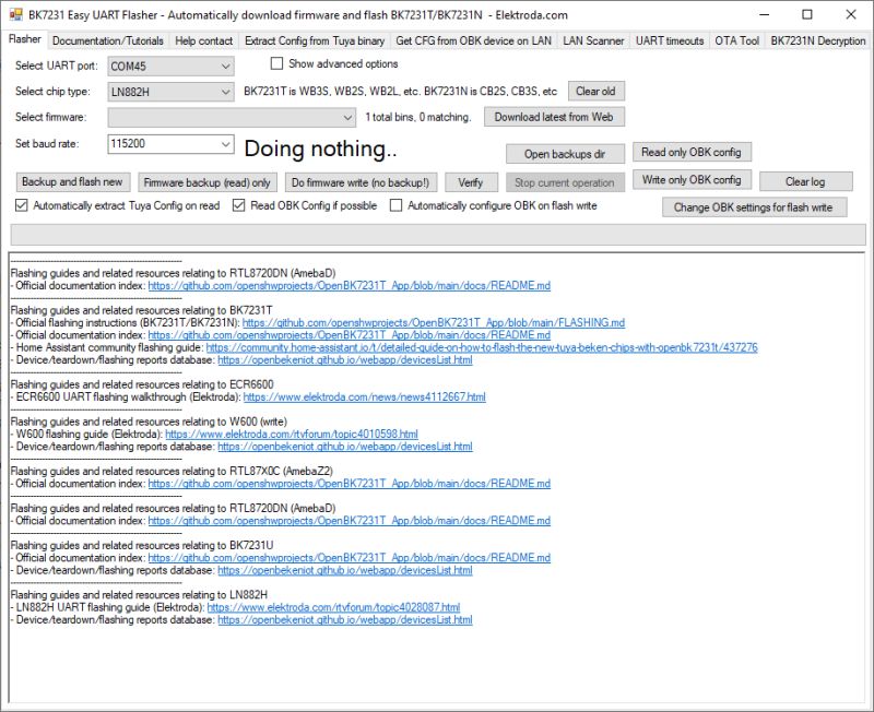 Screenshot of BK7231 Easy UART Flasher program with configuration options and documentation links