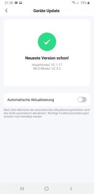 Screenshot from an app showing a device update with a message indicating the latest version.