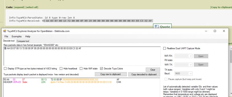 Screenshot of TuyaMCU Explorer with data in hex format.