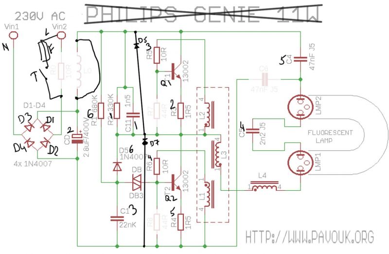 Schemat elektroniczny obwodu ze zmianami naniesionymi na czarno z poprawionymi numerami części.