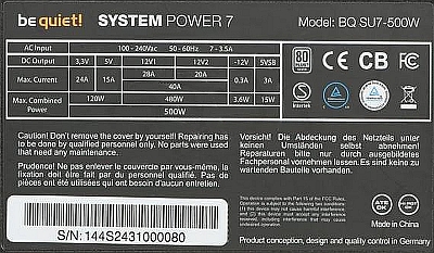 Be Quiet System Power 7 model: BQT SU7-500- Spalone elementy Q17 ZFW, Q16 ZEW Be Quiet System Power 7 model: BQT SU7-500- Spalone elementy Q17 ZFW, Q16 ZEW
