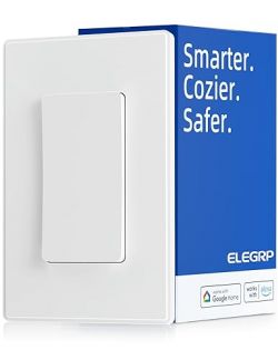 ELEGRP Light Switch and Packaging ELEGRP light switch against packaging with Smarter. Cozier. Safer. text