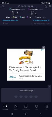 Zrzut ekranu z aplikacji Speedtest pokazujący prędkość pobierania 40,7 Mb/s i wysyłania 32,2 Mb/s z pingiem 23 ms.
