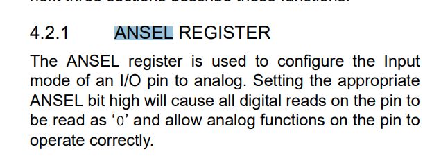 ANSEL Register - Technical Documentation Screenshot showing the description of the ANSEL register from a datasheet.