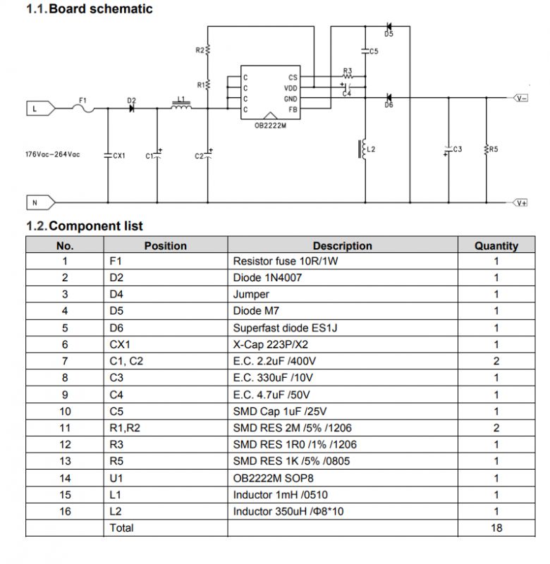 OB2222M power supply schematic with component list.
