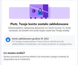 Komunikat o zablokowanym koncie na Facebooku