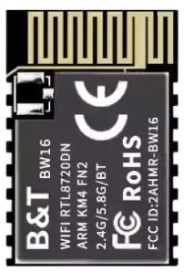 B&T BW16 WiFi module with certification markings and specifications.