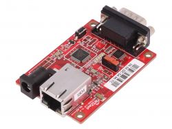 Ethernet network module on a red circuit board with various components.