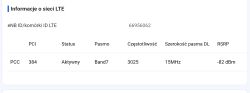 Zrzut ekranu z informacjami LTE: eNB ID 66956062, Band7, RSRP -82 dBm