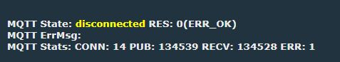 Screenshot of MQTT status messages showing “disconnected” and PUB/RECV counters.