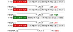Screenshot of a control UI for pins P20–P23 with buttons and High/Low value indicators.
