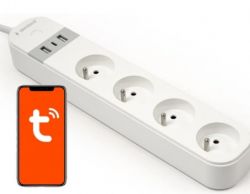 Gembird TSL-PS-F4U-01-W smart power strip with four 230V sockets, two USB ports, and a smartphone showing the Tuya app logo.