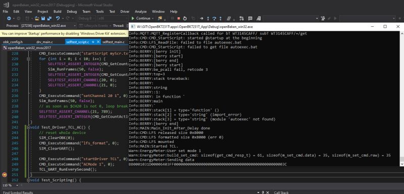Screenshot of Microsoft Visual Studio with source code and a debugging console open.