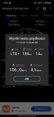 Zrzut ekranu z aplikacji Network Cell Info Lite pokazujący wyniki testu prędkości LTE+ z osiągami 106 Mb/s pobierania i 4,1 Mb/s wysyłania.