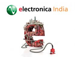 Logo Electronica India i ilustracja technologicznego miasta