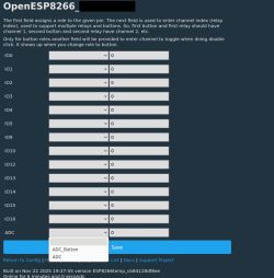 OpenESP8266 GPIO and ADC configuration interface with role dropdown menu