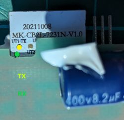 Close-up of MK-CB2L-7231N-V1.0 module with TX and RX labels.
