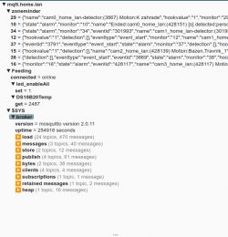 Screenshot of an MQTT console showing various topics and values, including DS18B20Temp.