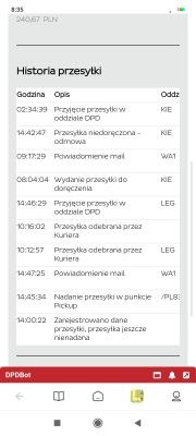Zrzut ekranu z historią przesyłki pokazujący różne etapy doręczenia i nadania paczki przez kuriera.