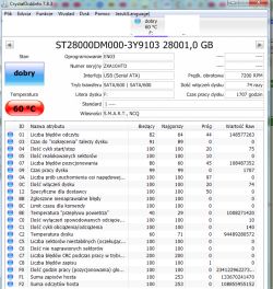 Zrzut CrystalDiskInfo z dyskiem ST28000DM000 i temperaturą 60°C oraz tabelą S.M.A.R.T.