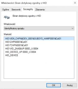 Okno właściwości Ekran dotykowy zgodny z HID z listą identyfikatorów sprzętu.