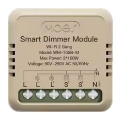 Moes Smart Dimmer Module WM-105B-M with visible terminal markings and technical specifications.