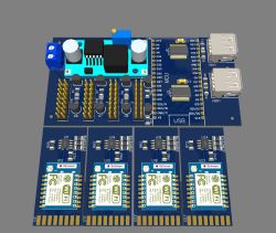 Wizualizacja płytki PCB systemu radarowego z modułami WiFi ESP-07 i portami USB