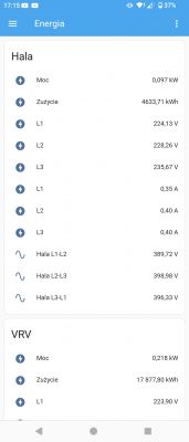Zrzut ekranu aplikacji monitorującej zużycie energii w Home Assistant.