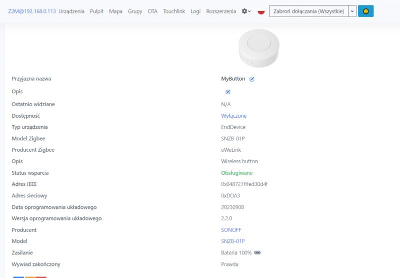 Ekran pokazujący informacje o urządzeniu Sonoff SNZB-01P w panelu Home Assistant.
