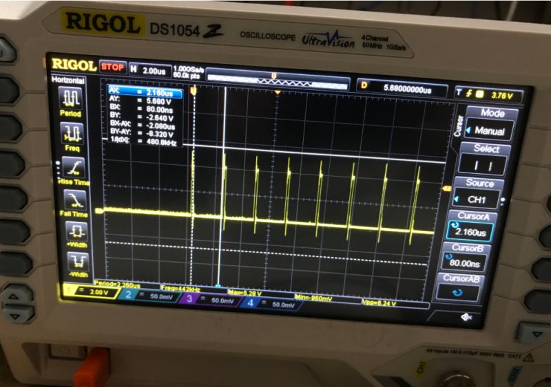 Signal Waveform on Rigol DS1054Z Oscilloscope Screenshot of an oscilloscope with a signal waveform.