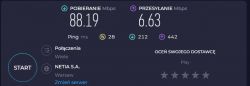 Zrzut ekranu z testu prędkości Internetu z wynikami pobierania 88,19 Mbps i wysyłania 6,63 Mbps.