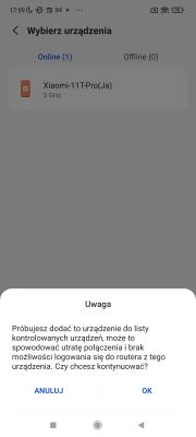 Ekran aplikacji z wyborem urządzenia Xiaomi i komunikatem ostrzegawczym