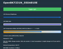 Screenshot of an LED control interface using OpenBK7231N, showing sliders for adjusting LED brightness, RGB color, and LED temperature.