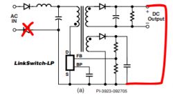 Schemat przetwornicy AC/DC z zaznaczonymi elementami LinkSwitch-LP.
