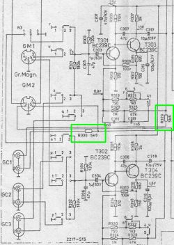Fragment schematu elektrycznego wzmacniacza Tosca AWS-307 z zaznaczonymi rezystorami R329 i R330.