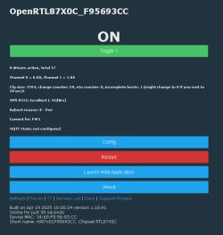 Screenshot of the OpenRTL87X0C device control panel showing device status, buttons, and technical details.