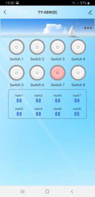 SmartLife app screen with eight switch buttons.