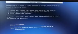 Zdjęcie ekranu z komunikatem Windows Boot Manager o błędzie startu systemu.
