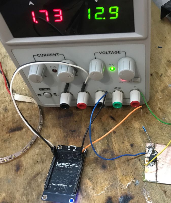Laboratory Power Supply and NodeMCU in Dimmer Project Laboratory power supply display and connected NodeMCU module.