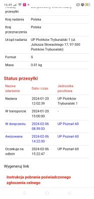 Zdjęcie statusu przesyłki z opóźnieniem między Piotrkowem Trybunalskim a Poznaniem.