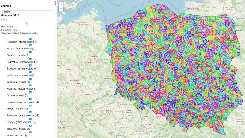 Map of Polish cadastral units with colorful administrative boundary outlines