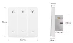 White three-button wall switch with icons and dimensions 86×86 mm plus side view showing depth