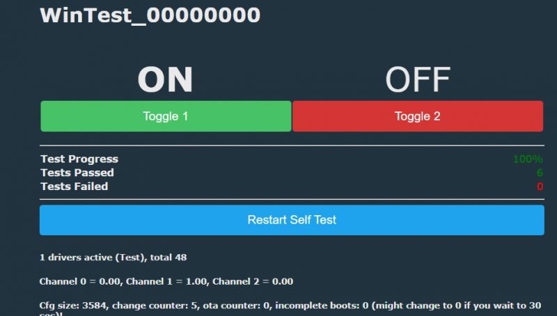 Test interface with toggle buttons and test results.