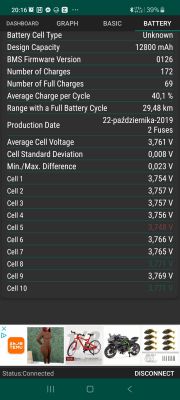 Zrzut ekranu z aplikacji pokazujący informacje o baterii hulajnogi Xiaomi M365 PRO.
