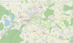 Mapa z zaznaczoną lokalizacją domu oraz nadajników BTS w okolicy Żukowa.