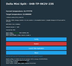 Della Mini Split control panel showing temperatures, WiFi and MQTT status, and buttons for config and restart.