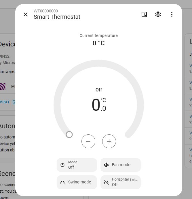 Smart thermostat control panel showing 0°C and all modes turned off.