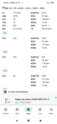 Zrzut z aplikacji NetMonster pokazujący parametry LTE dla sieci Play z pasmami 800/1800/2100/2600 MHz