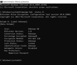 Zrzut ekranu z wierszem poleceń Windows pokazujący status szyfrowania BitLocker dysku D.
