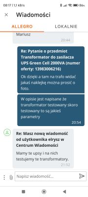Zrzut ekranu z rozmowy w aplikacji Allegro dotyczącej transformatora UPS Green Cell 2000VA.